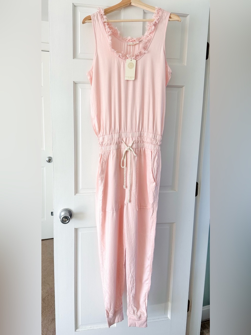 NEW! Ramy Brook Powder Pink Ray Jumpsuit Fringe Neckline Ankle Cuffs Size XS - Picture 4 of 15